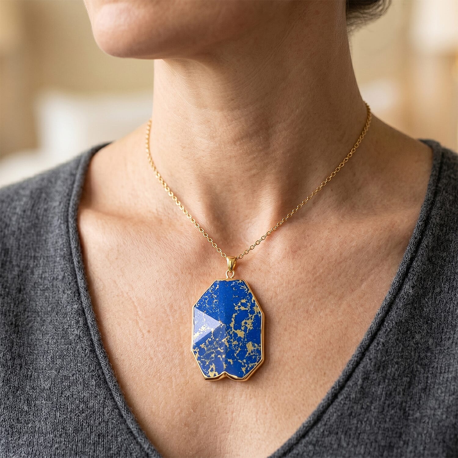 Blue Imperial Jasper 109.75 ctw Pendant in Goldtone with Stainless Steel Necklace (20 Inches)