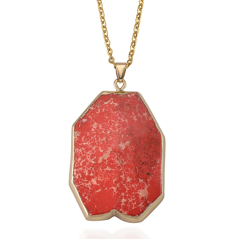 Red Imperial Jasper 120.00 ctw Pendant in Goldtone with Stainless Steel Necklace (20 Inches)