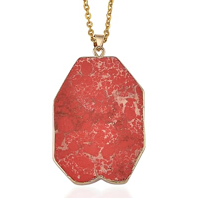 Red Imperial Jasper 120.00 ctw Pendant in Goldtone with Stainless Steel Necklace (20 Inches)