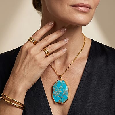 Blue Imperial Jasper 118.50 ctw Pendant in Goldtone with Stainless Steel Necklace (20 Inches)