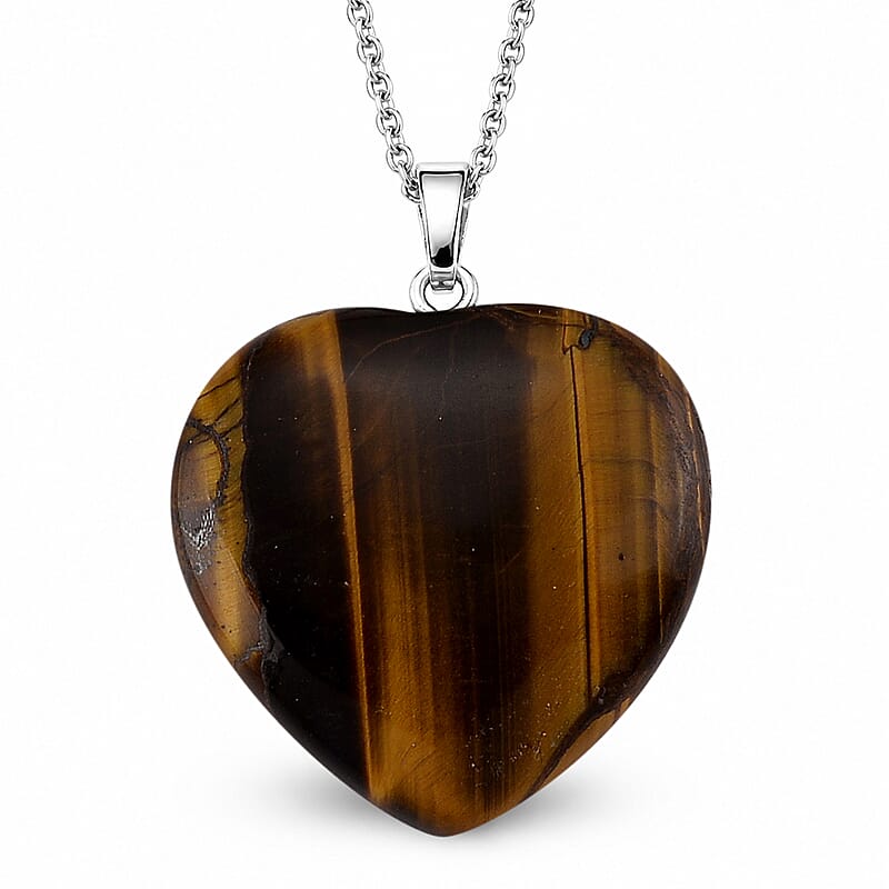 Yellow Tigers Eye 80.00 ctw Heart Pendant in Silvertone with Stainless Steel Necklace (20 Inches)