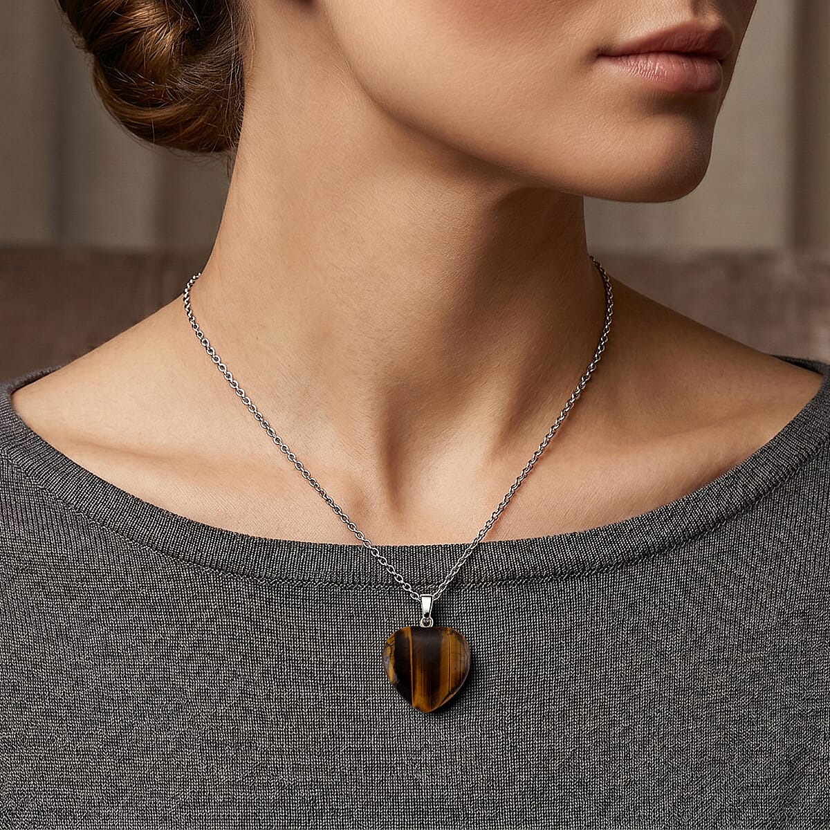 Yellow Tigers Eye 80.00 ctw Heart Pendant in Silvertone with Stainless Steel Necklace (20 Inches)