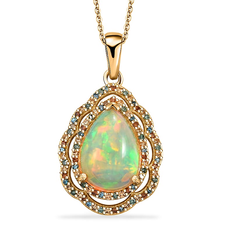 AAA Ethiopian Welo Opal and Luxuriant Lab Grown Multi Diamond (SI) 4.60 ctw Pendant Necklace (20 Inches) in 18K Vermeil YG Over Sterling Silver