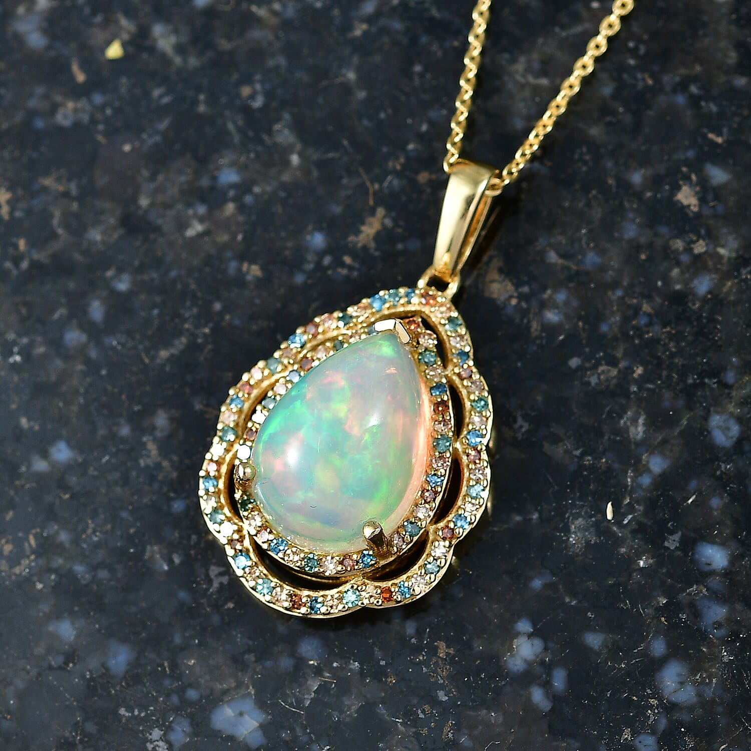 AAA Ethiopian Welo Opal and Luxuriant Lab Grown Multi Diamond (SI) 4.60 ctw Pendant Necklace (20 Inches) in 18K Vermeil YG Over Sterling Silver
