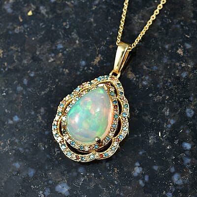 AAA Ethiopian Welo Opal and Luxuriant Lab Grown Multi Diamond (SI) 4.60 ctw Pendant Necklace (20 Inches) in 18K Vermeil YG Over Sterling Silver
