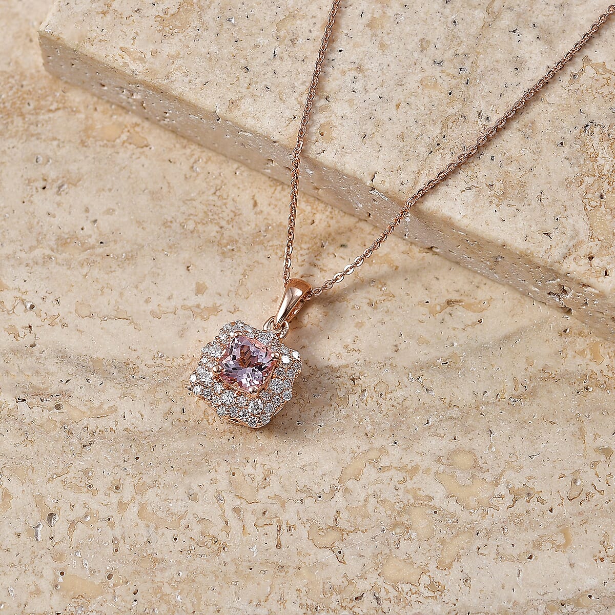 Certified & Appraised D'Joy Premium Pink Morganite and Moissanite 1.32 ctw Pendant Necklace in 18K Vermeil Rose Gold Over Sterling Silver 18 Inches image number 1