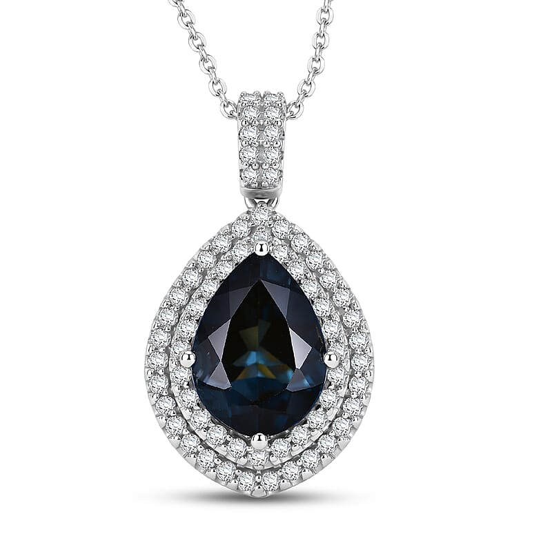 Certified and Appraised D'Joy Premium London Blue Topaz, Moissanite Pendant Necklace (18 Inches) in Rhodium Over Sterling Silver 5.15 ctw