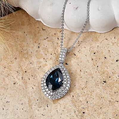 Certified and Appraised D'Joy Premium London Blue Topaz, Moissanite Pendant Necklace (18 Inches) in Rhodium Over Sterling Silver 5.15 ctw