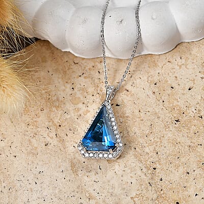 D'Joy London Blue Topaz and Moissanite 9.50 ctw Pendant Necklace (18 Inches) in Rhodium Over Sterling Silver