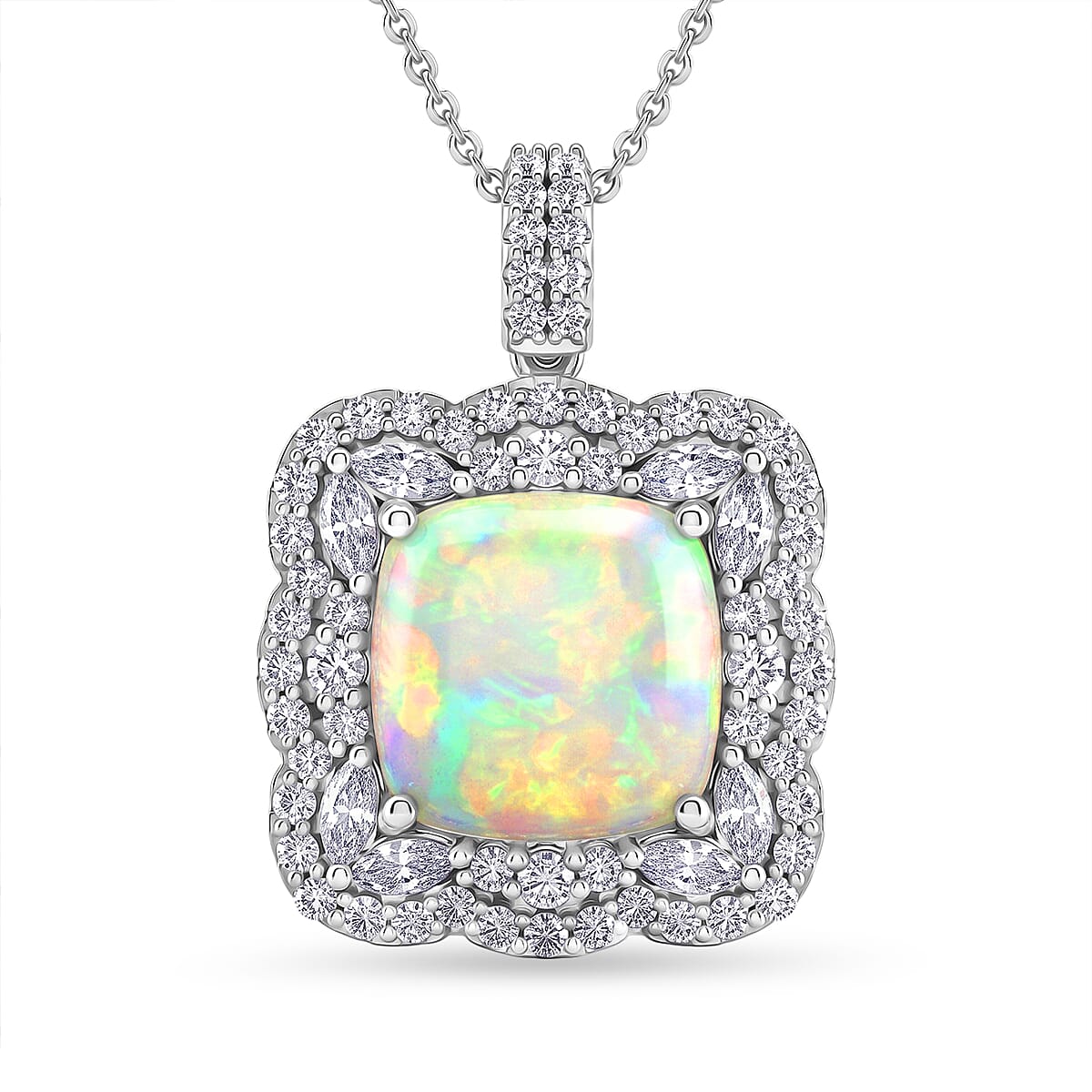 D'Joy Premium Ethiopian Welo Opal and Moissanite 8.00 ctw Pendant Necklace in Rhodium Over Sterling Silver 20 Inches