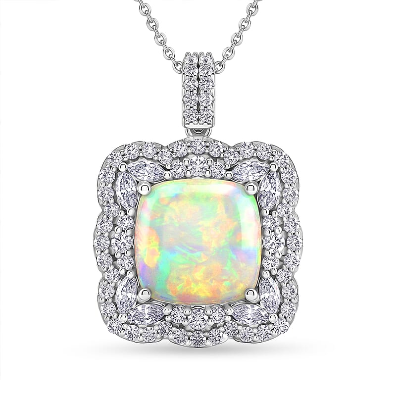 D'Joy Premium Ethiopian Welo Opal and Moissanite 8.00 ctw Pendant Necklace in Rhodium Over Sterling Silver 20 Inches