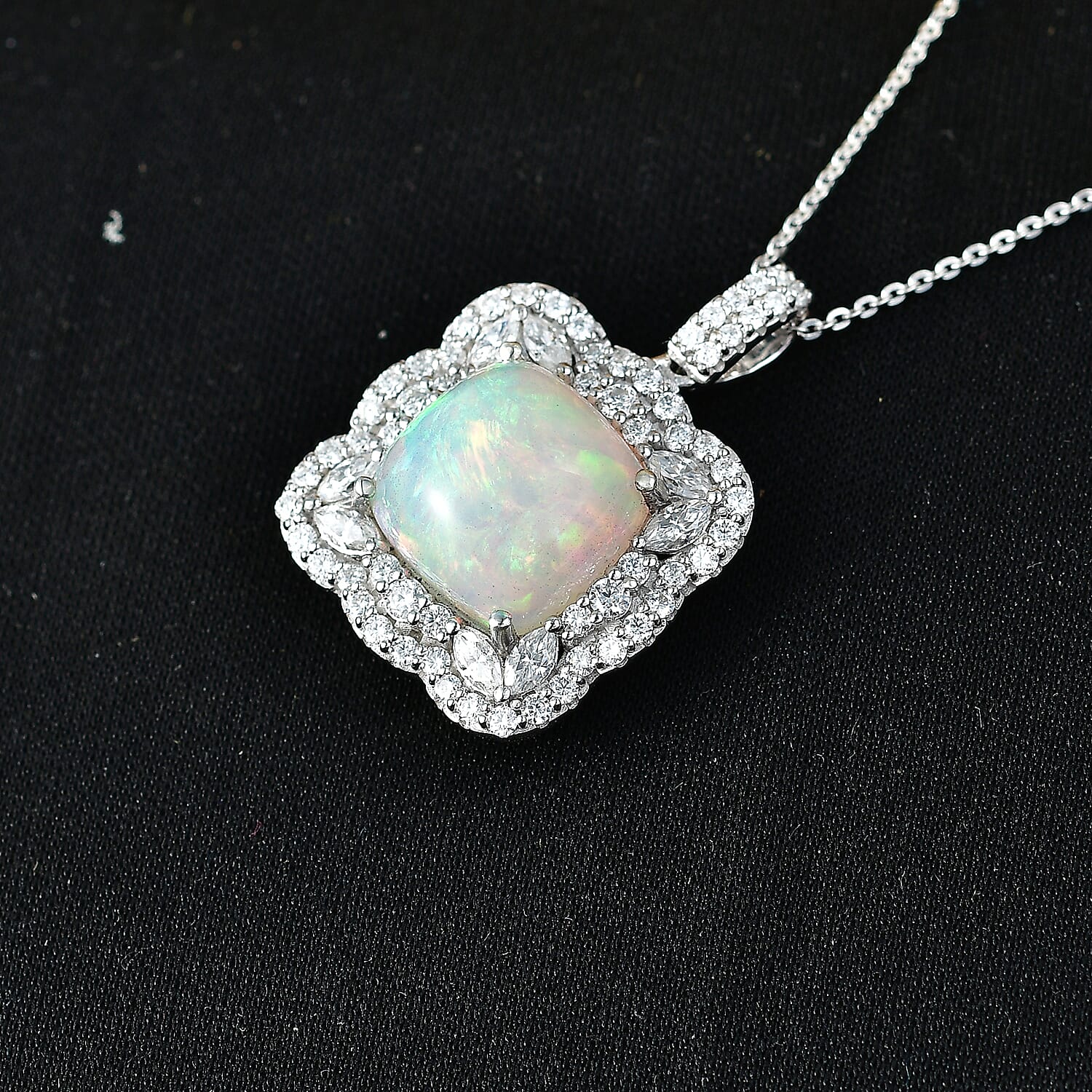 D'Joy Premium Ethiopian Welo Opal and Moissanite 8.00 ctw Pendant Necklace in Rhodium Over Sterling Silver 20 Inches