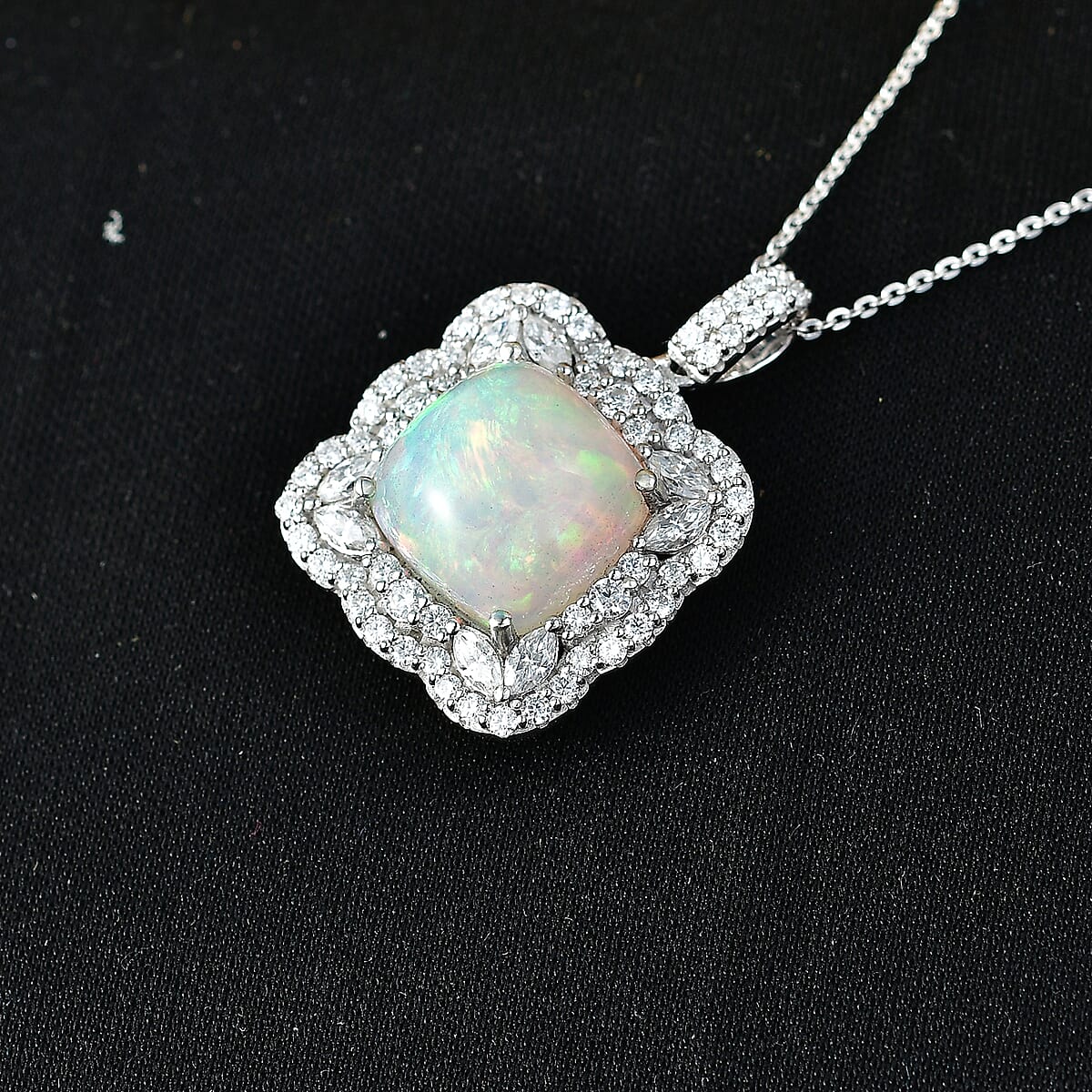 D'Joy Premium Ethiopian Welo Opal and Moissanite 8.00 ctw Pendant Necklace in Rhodium Over Sterling Silver 20 Inches image number 1