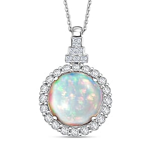 D'Joy Premium Ethiopian Welo Opal and Moissanite 5.10 ctw Pendant Necklace in Rhodium Over Sterling Silver 20 Inches 