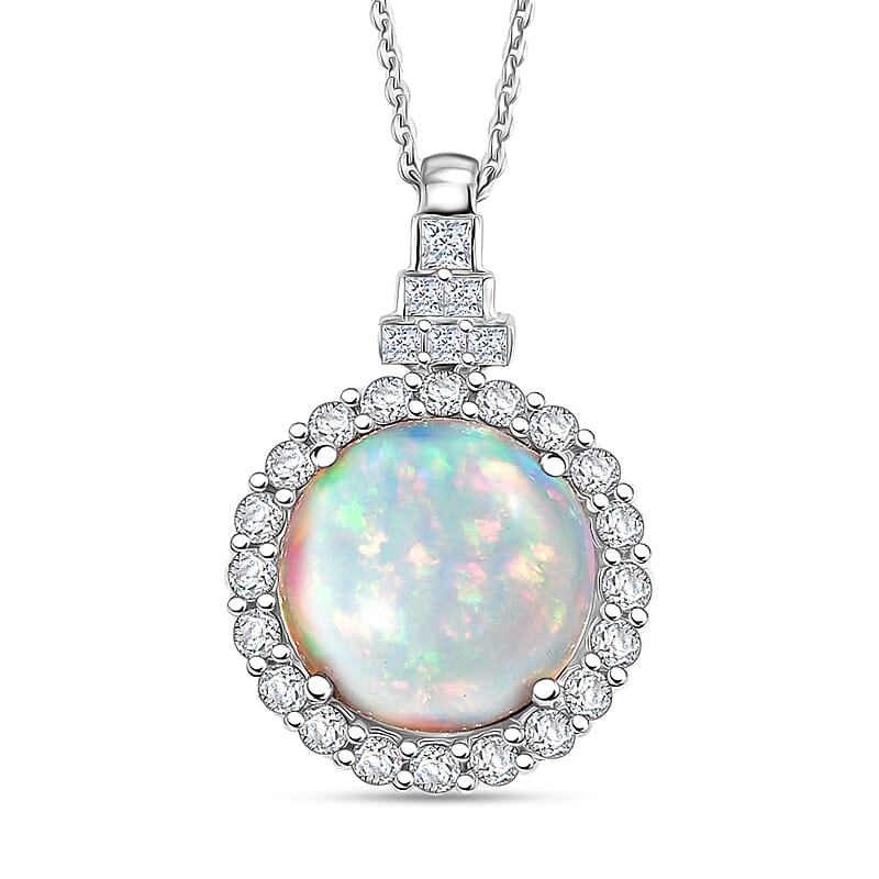 D'Joy Premium Ethiopian Welo Opal and Moissanite 5.10 ctw Pendant Necklace in Rhodium Over Sterling Silver 20 Inches