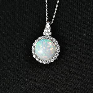 D'Joy Premium Ethiopian Welo Opal and Moissanite 5.10 ctw Pendant Necklace in Rhodium Over Sterling Silver 20 Inches 