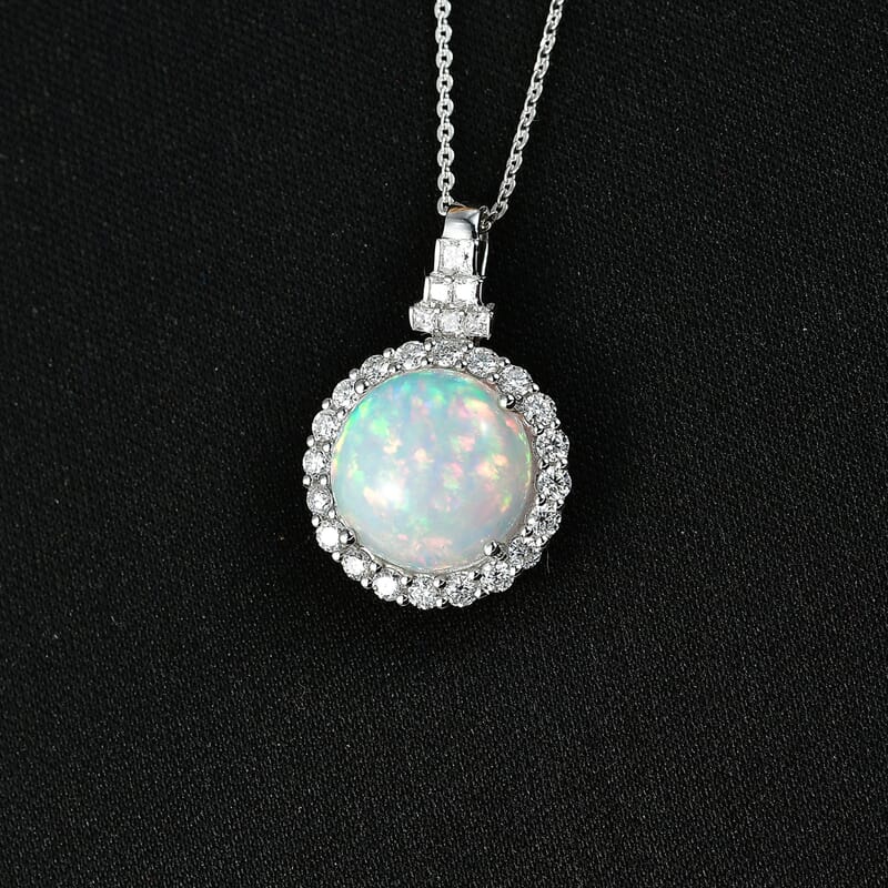 D'Joy Premium Ethiopian Welo Opal and Moissanite 5.10 ctw Pendant Necklace in Rhodium Over Sterling Silver 20 Inches