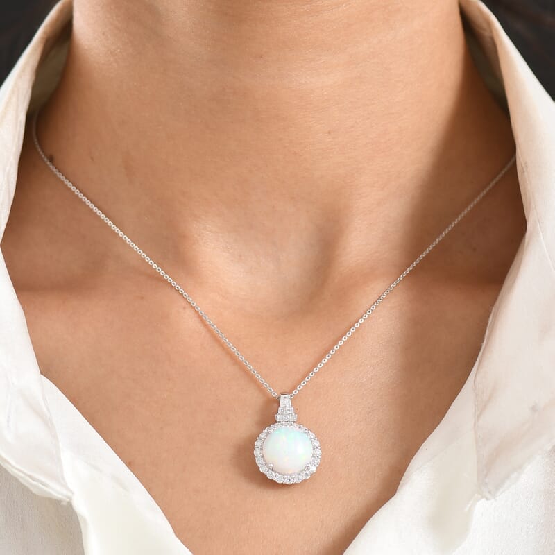 D'Joy Premium Ethiopian Welo Opal and Moissanite 5.10 ctw Pendant Necklace in Rhodium Over Sterling Silver 20 Inches