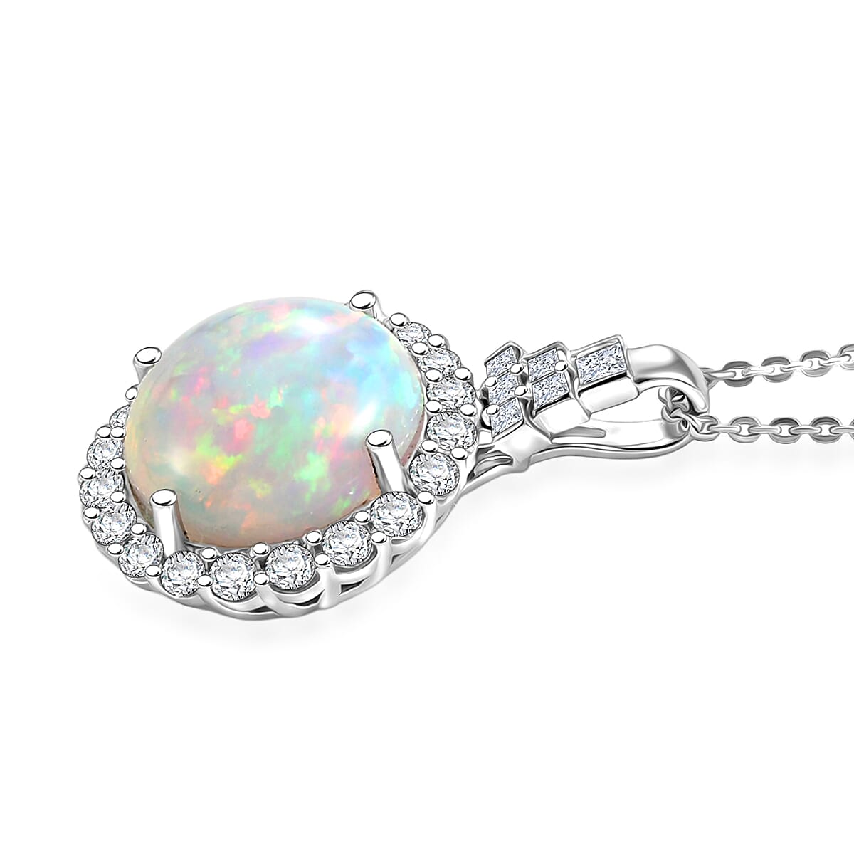 D'Joy Premium Ethiopian Welo Opal and Moissanite 5.10 ctw Pendant Necklace in Rhodium Over Sterling Silver 20 Inches  image number 3
