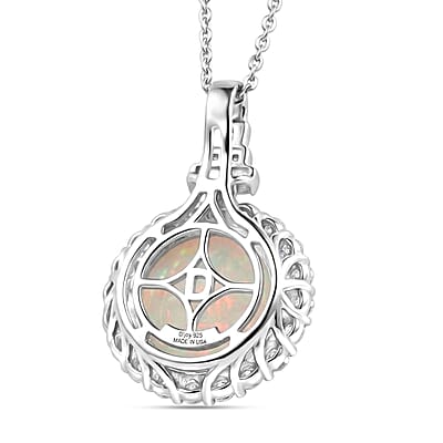 D'Joy Premium Ethiopian Welo Opal and Moissanite 5.10 ctw Pendant Necklace in Rhodium Over Sterling Silver 20 Inches