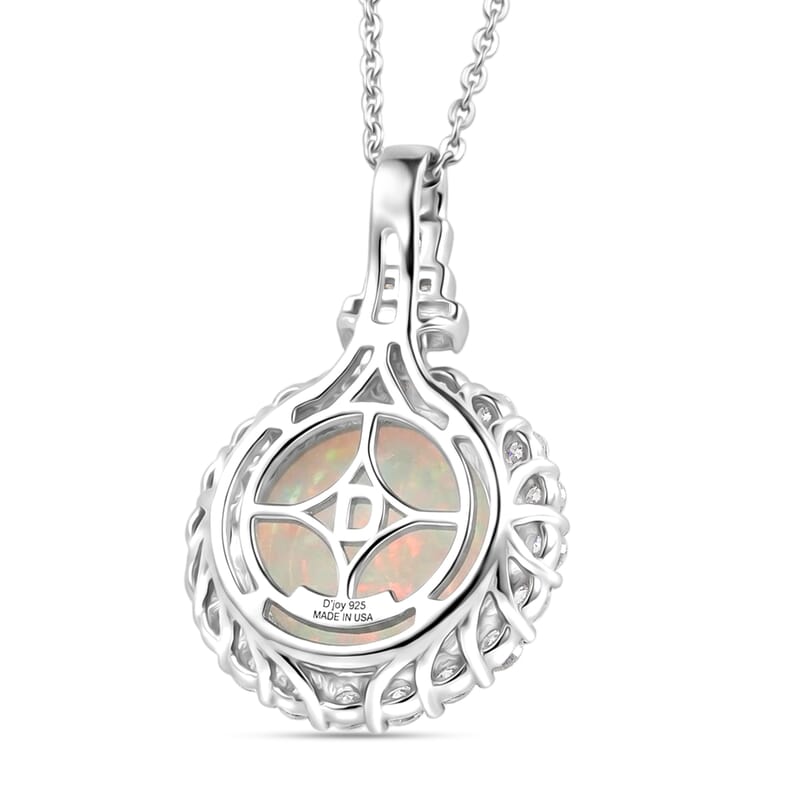 D'Joy Premium Ethiopian Welo Opal and Moissanite 5.10 ctw Pendant Necklace in Rhodium Over Sterling Silver 20 Inches