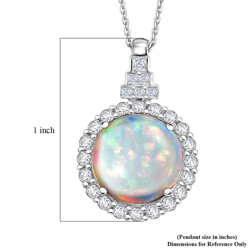 D'Joy Premium Ethiopian Welo Opal and Moissanite 5.10 ctw Pendant Necklace in Rhodium Over Sterling Silver 20 Inches