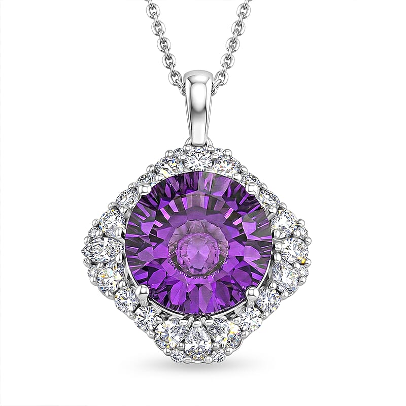 Certified and Appraised D'Joy Crazy Fire Cut Premium Zambian Amethyst and Moissanite 5.25 ctw Pendant Necklace in Rhodium Over Sterling Silver 20 Inches