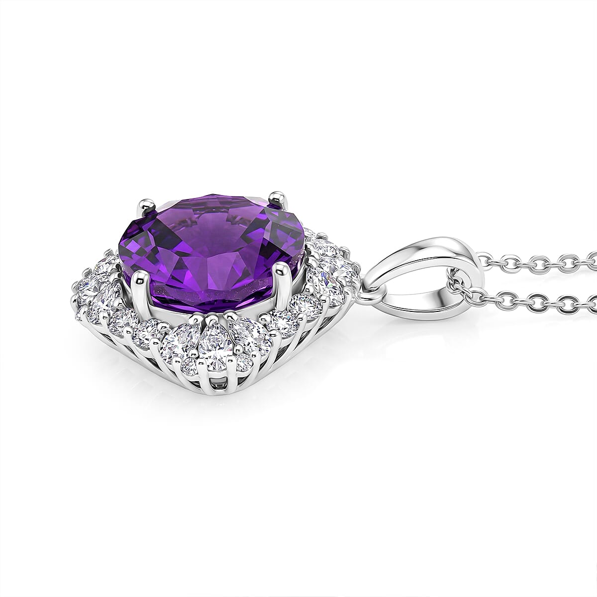 Certified & Appraised D'Joy Crazy Fire Cut Premium Zambian Amethyst and Moissanite 5.25 ctw Pendant Necklace in Rhodium Over Sterling Silver 20 Inches  image number 3