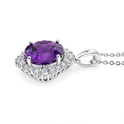 Certified and Appraised D'Joy Crazy Fire Cut Premium Zambian Amethyst and Moissanite 5.25 ctw Pendant Necklace in Rhodium Over Sterling Silver 20 Inches