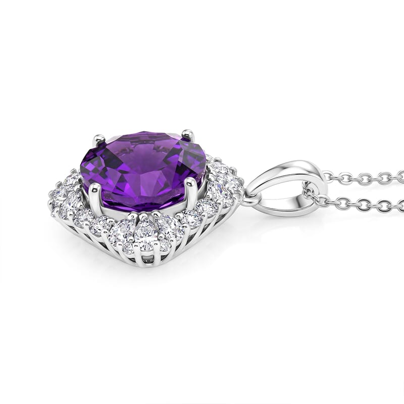 Certified and Appraised D'Joy Crazy Fire Cut Premium Zambian Amethyst and Moissanite 5.25 ctw Pendant Necklace in Rhodium Over Sterling Silver 20 Inches