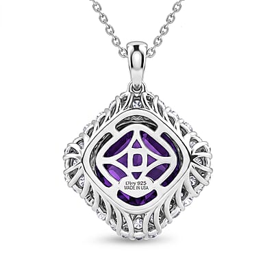 Certified and Appraised D'Joy Crazy Fire Cut Premium Zambian Amethyst and Moissanite 5.25 ctw Pendant Necklace in Rhodium Over Sterling Silver 20 Inches