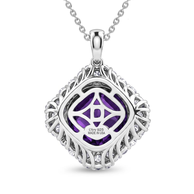 Certified and Appraised D'Joy Crazy Fire Cut Premium Zambian Amethyst and Moissanite 5.25 ctw Pendant Necklace in Rhodium Over Sterling Silver 20 Inches