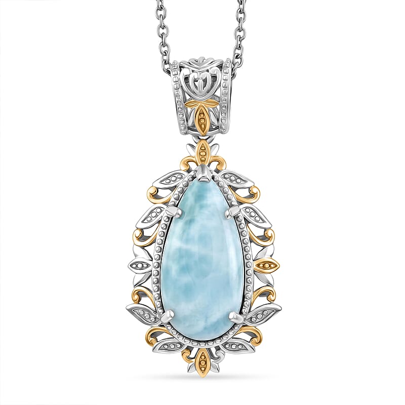 EverTrue Premium Larimar 9.75 ctw Whispering Leaf Filigree Pendant in 18K YG Plated and Platinum Bond with Stainless Steel Necklace 20 Inches