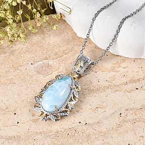 EverTrue Premium Larimar 9.75 ctw Whispering Leaf Filigree Pendant in 18K YG Plated and Platinum Bond with Stainless Steel Necklace 20 Inches