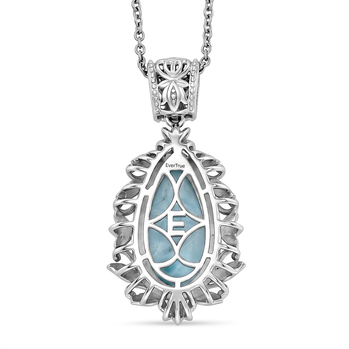 EverTrue Premium Larimar 9.75 ctw Whispering Leaf Filigree Pendant in 18K YG Plated and Platinum Bond with Stainless Steel Necklace 20 Inches