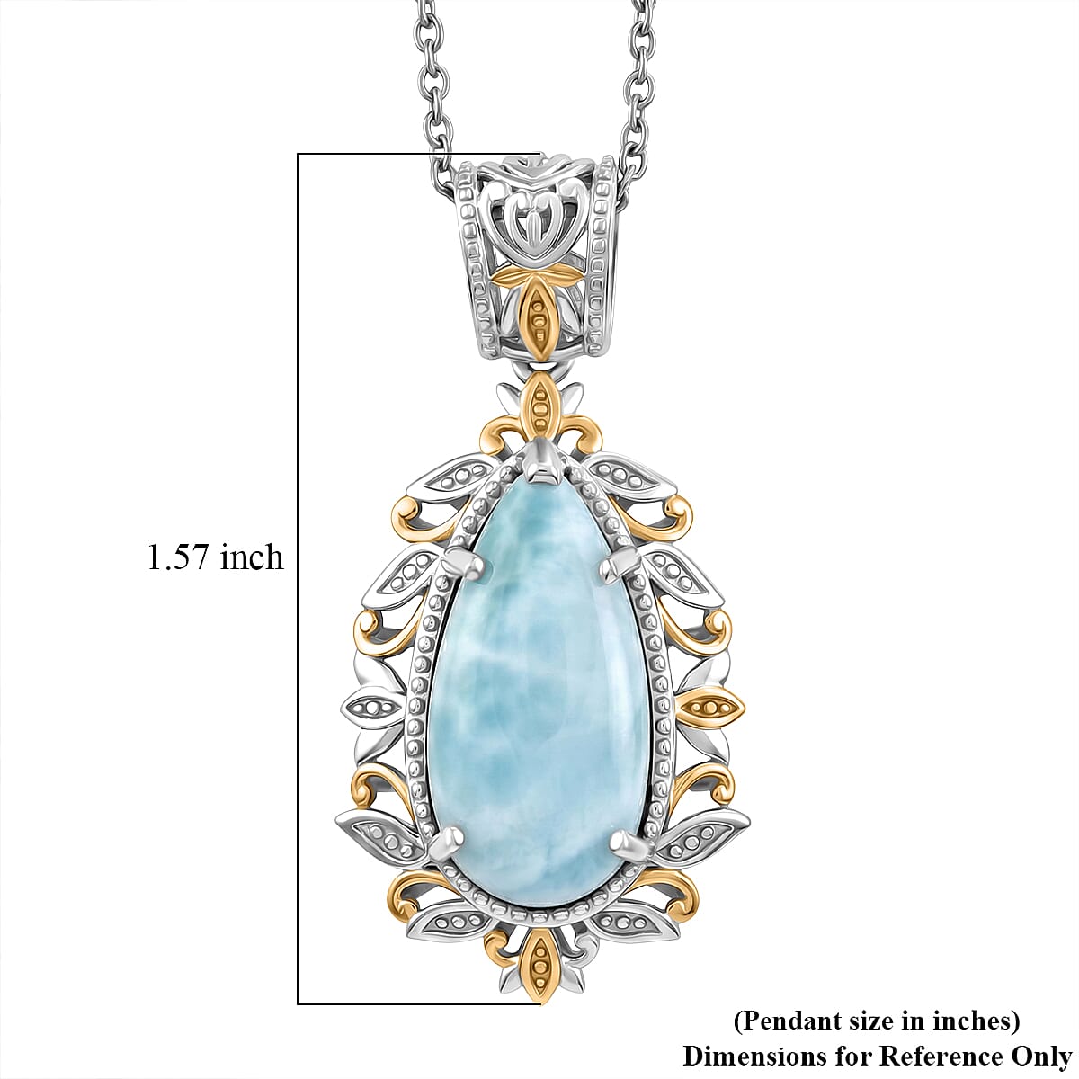 EverTrue Premium Larimar 9.75 ctw Whispering Leaf Filigree Pendant in 18K YG Plated and Platinum Bond with Stainless Steel Necklace 20 Inches
