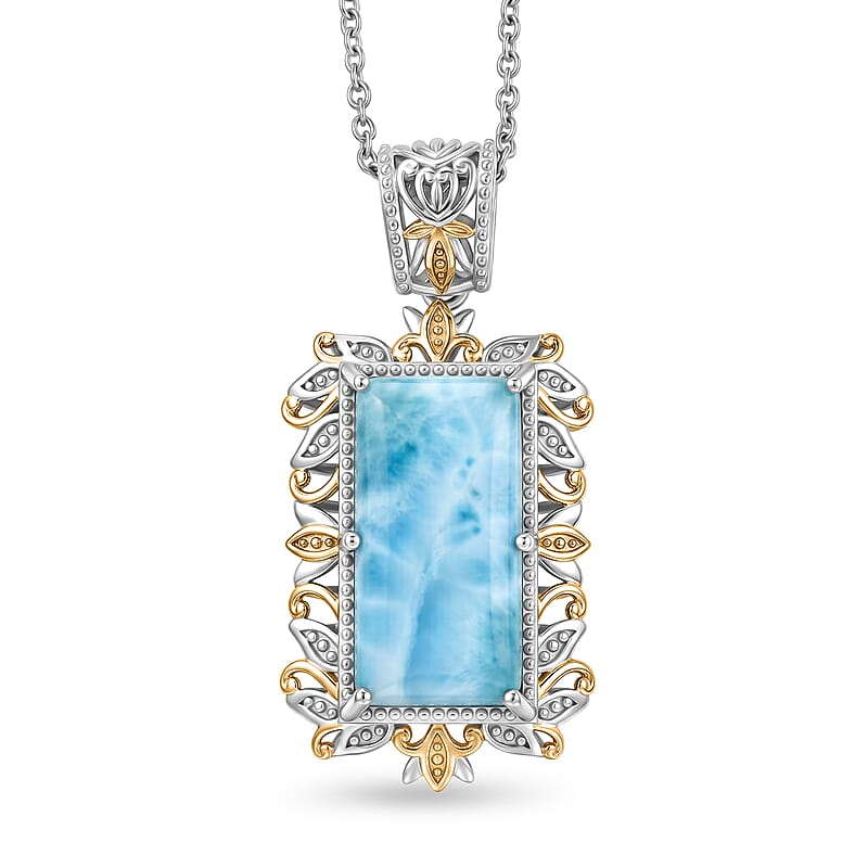 EverTrue Premium Larimar 13.80 ctw Whispering Leaf Filigree Pendant in 18K YG Plated and Platinum Bond with Stainless Steel Necklace 20 Inches