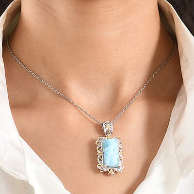 EverTrue Premium Larimar 13.80 ctw Whispering Leaf Filigree Pendant in 18K YG Plated and Platinum Bond with Stainless Steel Necklace 20 Inches