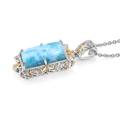 EverTrue Premium Larimar 13.80 ctw Whispering Leaf Filigree Pendant in 18K YG Plated and Platinum Bond with Stainless Steel Necklace 20 Inches