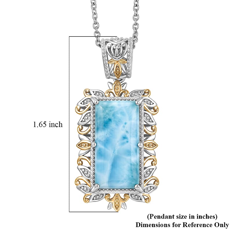 EverTrue Premium Larimar 13.80 ctw Whispering Leaf Filigree Pendant in 18K YG Plated and Platinum Bond with Stainless Steel Necklace 20 Inches