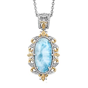 EverTrue Premium Larimar 10.75 ctw Whispering Leaf Filigree Pendant in Platinum Bond with Stainless Steel Necklace 20 Inches