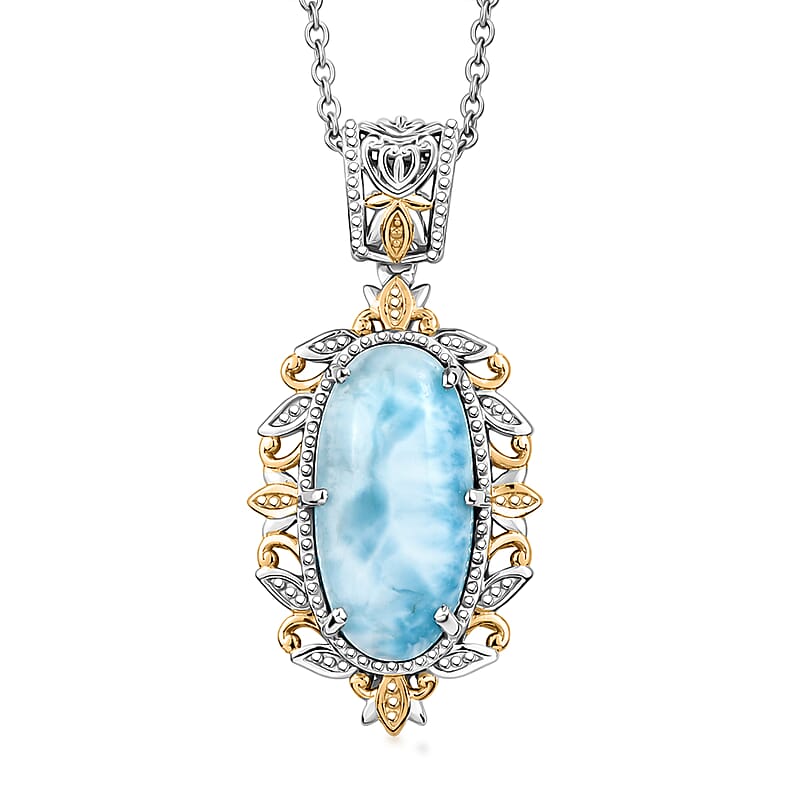 EverTrue Premium Larimar 10.75 ctw Whispering Leaf Filigree Pendant in Platinum Bond with Stainless Steel Necklace 20 Inches