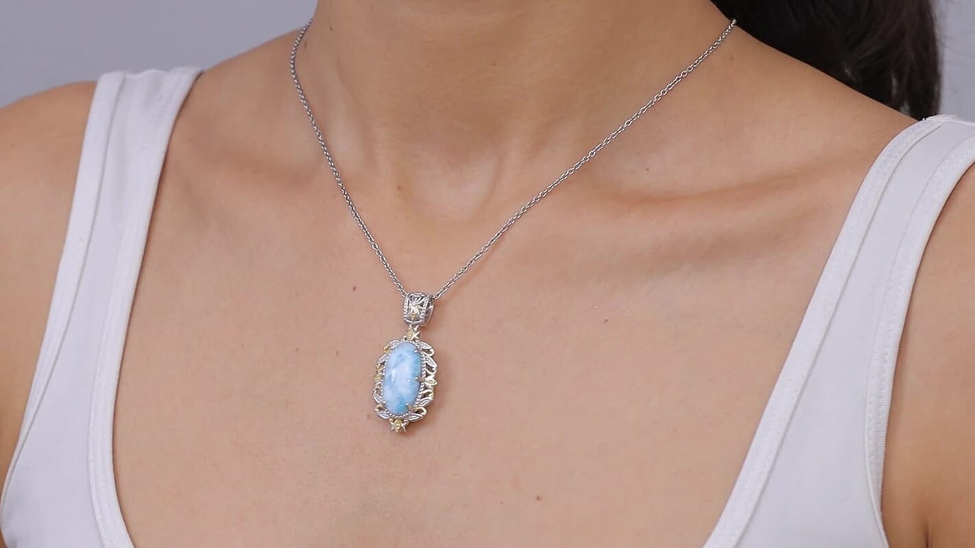 EverTrue Premium Larimar Pendant in 18K YG Plated and Platinum Bond with Stainless Steel Necklace (20 Inches) 10.90 ctw