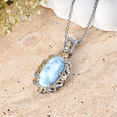 EverTrue Premium Larimar 10.75 ctw Whispering Leaf Filigree Pendant in Platinum Bond with Stainless Steel Necklace 20 Inches