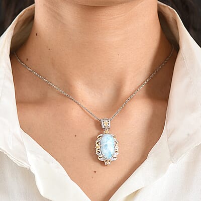 EverTrue Premium Larimar 10.75 ctw Whispering Leaf Filigree Pendant in Platinum Bond with Stainless Steel Necklace 20 Inches