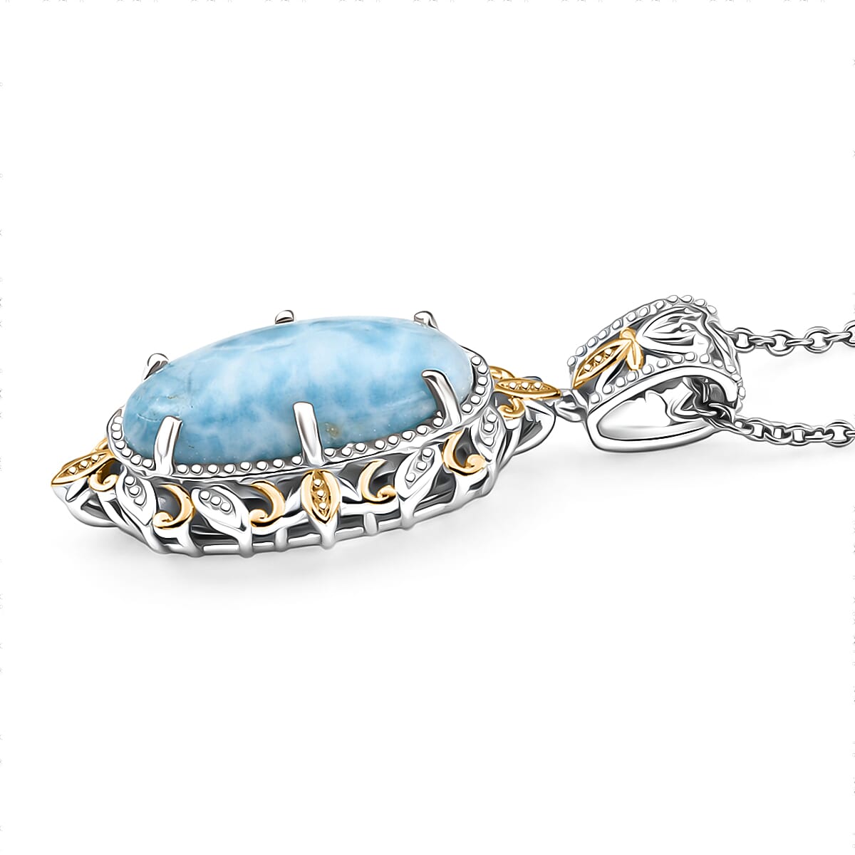 EverTrue Premium Larimar 10.75 ctw Whispering Leaf Filigree Pendant in Platinum Bond with Stainless Steel Necklace 20 Inches image number 3