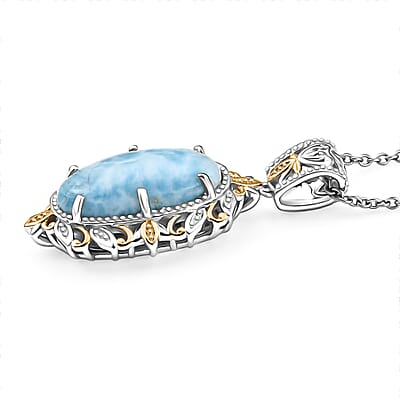 EverTrue Premium Larimar 10.75 ctw Whispering Leaf Filigree Pendant in Platinum Bond with Stainless Steel Necklace 20 Inches