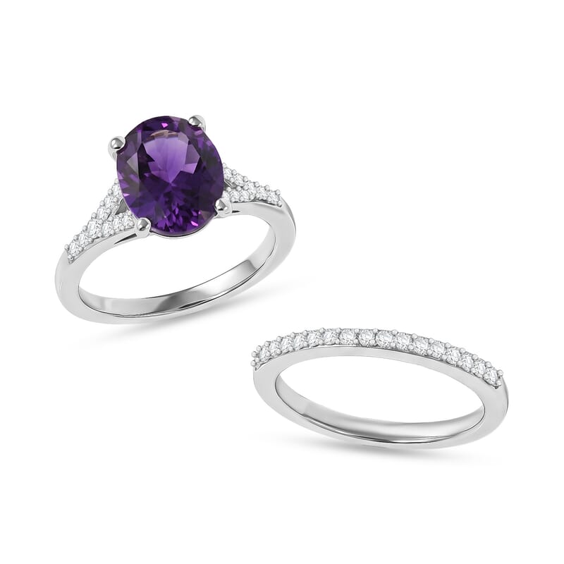 D'Joy AAA Moroccan Amethyst and Moissanite 3.00 ctw Stackable Set of 2 Ring in Rhodium Over Sterling Silver (Size 6.00)