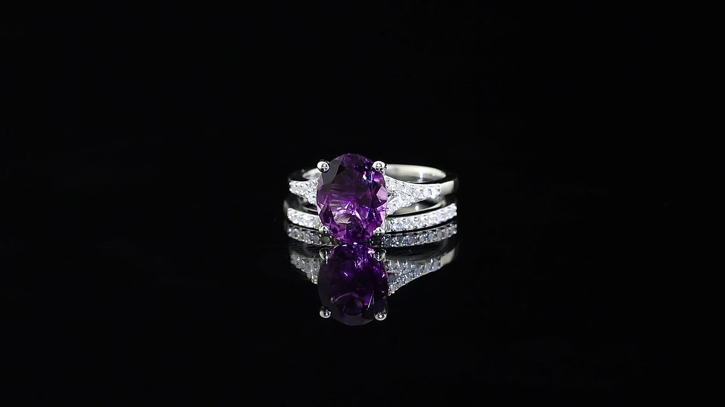 D''Joy AAA Moroccan Amethyst and Moissanite 3.00 ctw Stackable Set of 2 Ring in Rhodium Over Sterling Silver (Size 6.00)