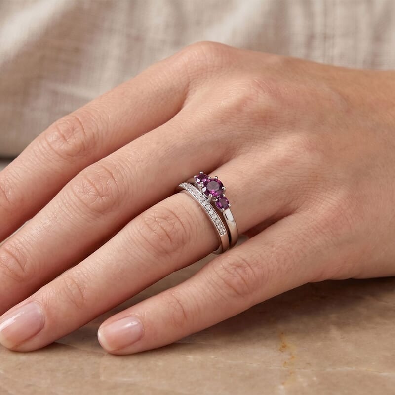 D'Joy Radiant Ember Garnet and Moissanite 1.10 ctw Set of 2 Ring in Rhodium Over Sterling Silver (Size 6.00)